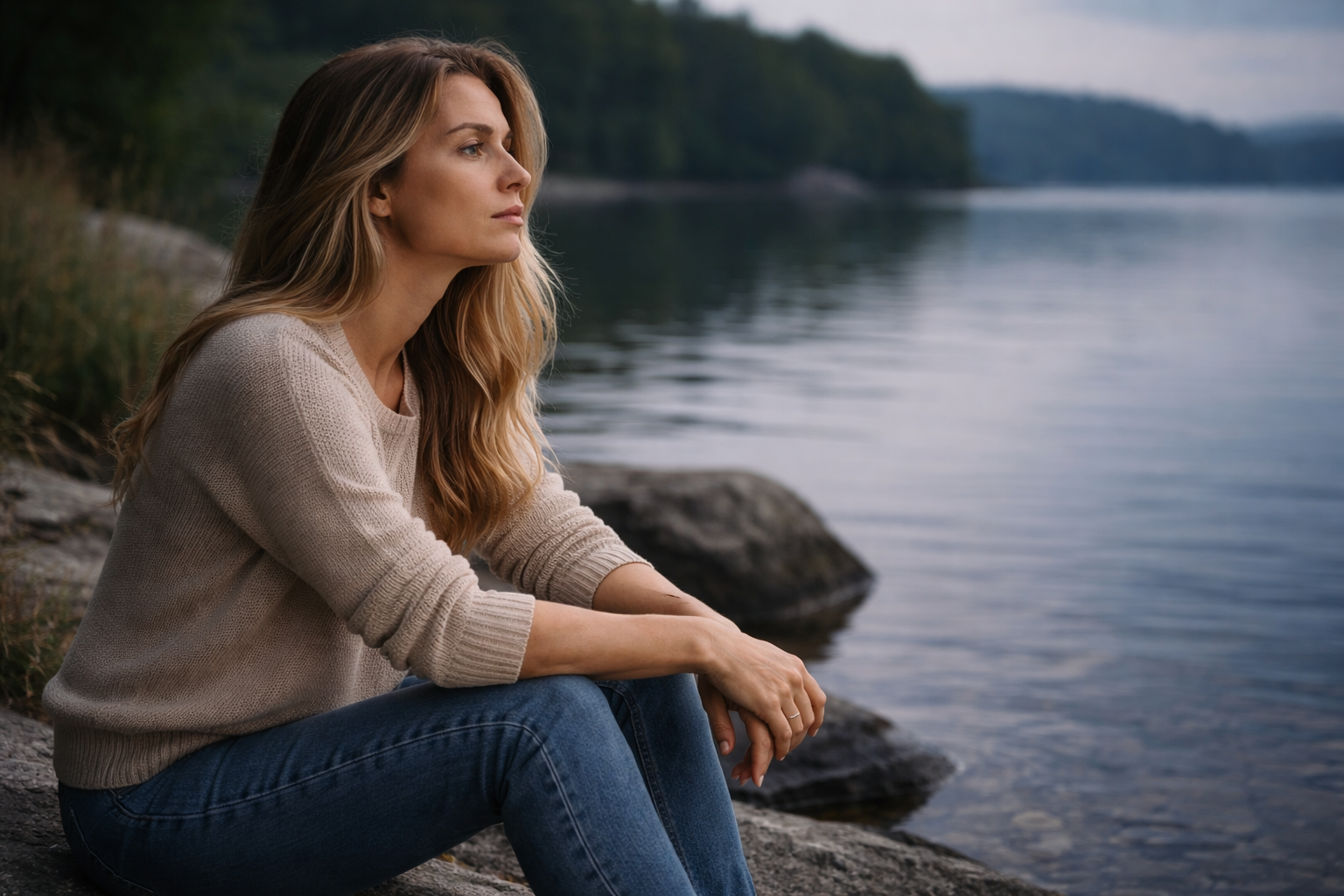 En kvinna som sitter vid en sjö och reflekterar